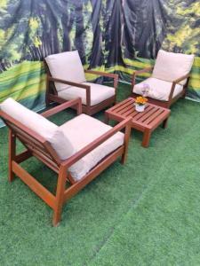 Beautiful outdoor wooden 3 reclining sofa chairs with table