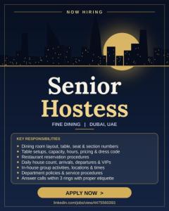 Senior Hostess Required in Dubai